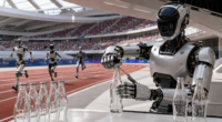 Robot realiza una actividad cotidiana durante las Olimpiadas de robots 2026 en Beijing, mientras otros compiten en una pista.