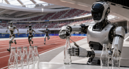 Robot realiza una actividad cotidiana durante las Olimpiadas de robots 2026 en Beijing, mientras otros compiten en una pista.