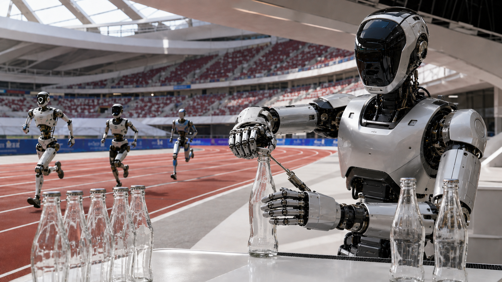 Robot realiza una actividad cotidiana durante las Olimpiadas de robots 2026 en Beijing, mientras otros compiten en una pista.