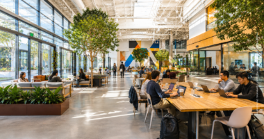 Oficina corporativa moderna y luminosa con amplios ventanales, vegetación y equipos colaborando en mesas de trabajo compartidas.