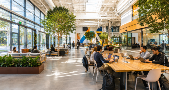 Oficina corporativa moderna y luminosa con amplios ventanales, vegetación y equipos colaborando en mesas de trabajo compartidas.