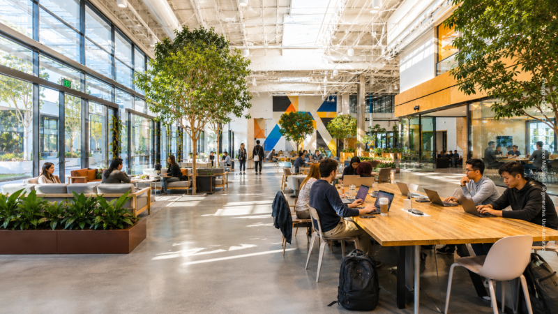 Oficina corporativa moderna y luminosa con amplios ventanales, vegetación y equipos colaborando en mesas de trabajo compartidas.