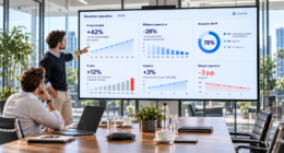 Dos directivos analizan indicadores de productividad y rentabilidad empresarial impulsados por inteligencia artificial.