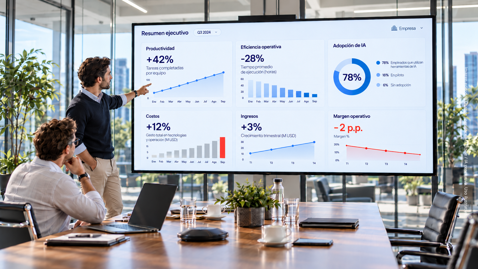 Dos directivos analizan indicadores de productividad y rentabilidad empresarial impulsados por inteligencia artificial.